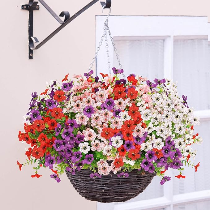 Artificial Flowers for Outdoors UV Resistant, Realistic Fake Silk Flowers Outside Weather Resistant Faux Plants for Window Box, Planters, Porch Decor-12 Bundles,Colorful