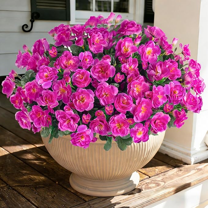 Ivydale Artificial Faux Outdoor Flowers Plants for Outside Spring Decoration, Fake Silk Fuchsia Camellia UV Resistant Realistic for Planter Porch Patio Balcony Garden Home, 3 Large Bundles