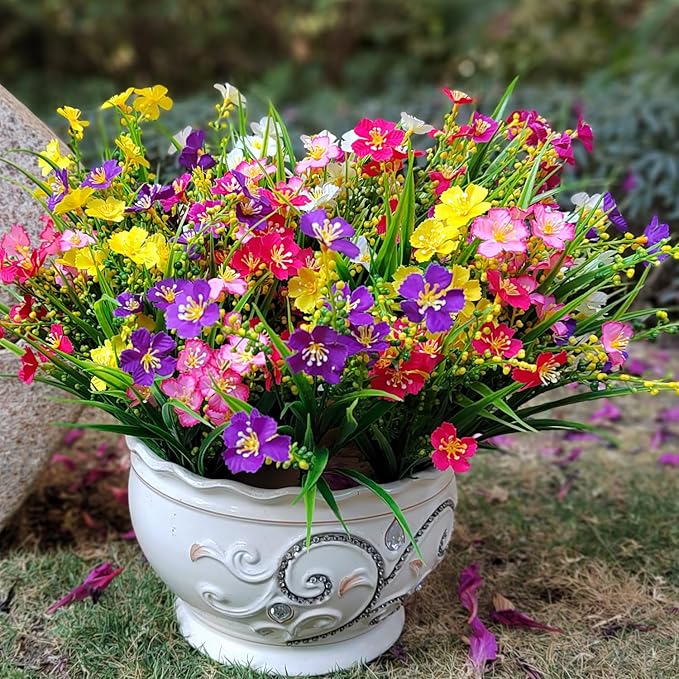 Grunyia 12 Bundles Artificial Flowers Faux Plants Spring Decoration Plastic Plants UV Resistant Shrubs for Home Indoor Outside Garden Window Porch Pots Decoration (Multicolor)