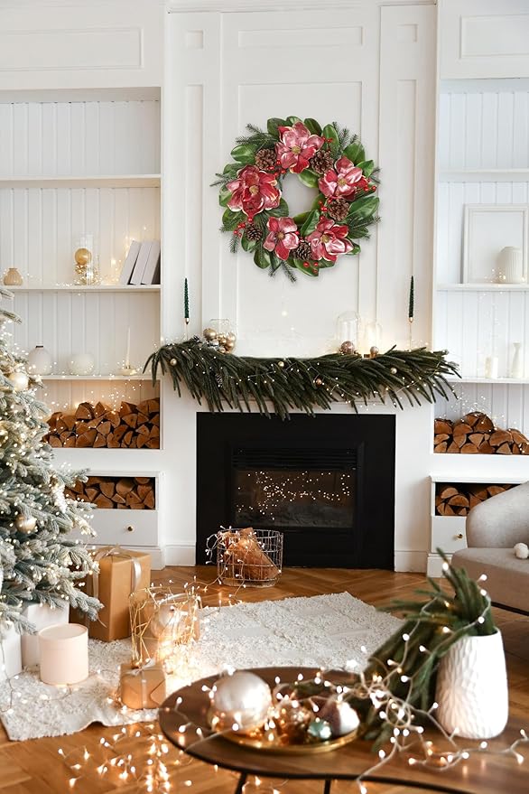 Briful 24in Christmas Magnolia Flower Wreath for Front Door Artificial Red Magnolia Floral Wreath with Pine Cones Berries Outdoor Christmas Wreath for Xmas Home Room Wall Window Mantle Decor