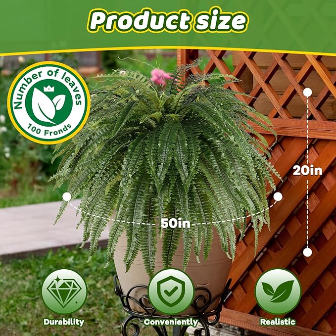 Arlpch Single Silky 50" Artificial Fern Plant, Large Fake Fern with 100Fronds, Realistic Faux Boston Fern Bush for Outdoors & Indoor, Silk Greenery for Planter, Garden, Office, Home Décor