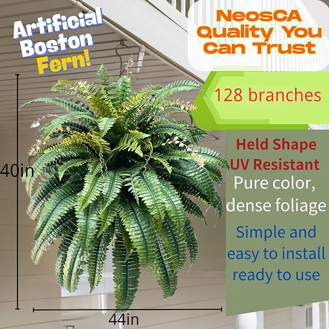 NeosCA Giant Artificial Boston Ferns for Outdoors Large,Uv Resistant Lifelike Artificial Plants Large,Faux Fern Silk Ferns That Look Real,Fake Fern for Outside Lifelike 128 Branches