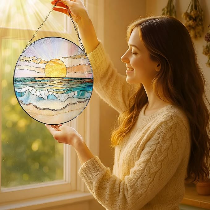 LAOWEIKI 8'' Ocean Sunset Suncatcher Ornament, Stained Glass Window Hanging, Suncatchers for Windows Hanging Ornaments, Window Decor | Beach Lover Gift, Summer Vibes Gift, Gifts for Friends, Famliy