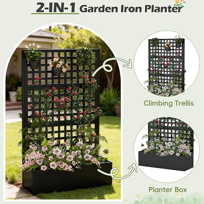 Metal Raised Garden Bed with Trellis Set of 2, Vegetable and Flower Garden Boxes, Black Planter Box with Trellis for Climbing Plants Vegetable Outdoor Indoor, Large 2Pcs Set