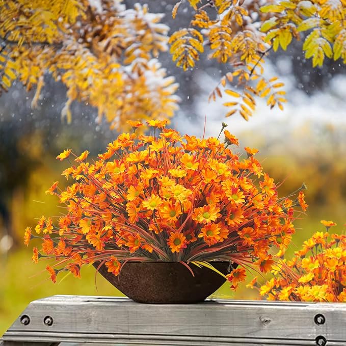 10 Bundles Artificial Flowers Outdoor Fake Fall Flowers for Outside Decoration UV Resistant Plastic Faux Plants for Garden Window Porch Balcony Fall Wedding Thanksgiving Decor