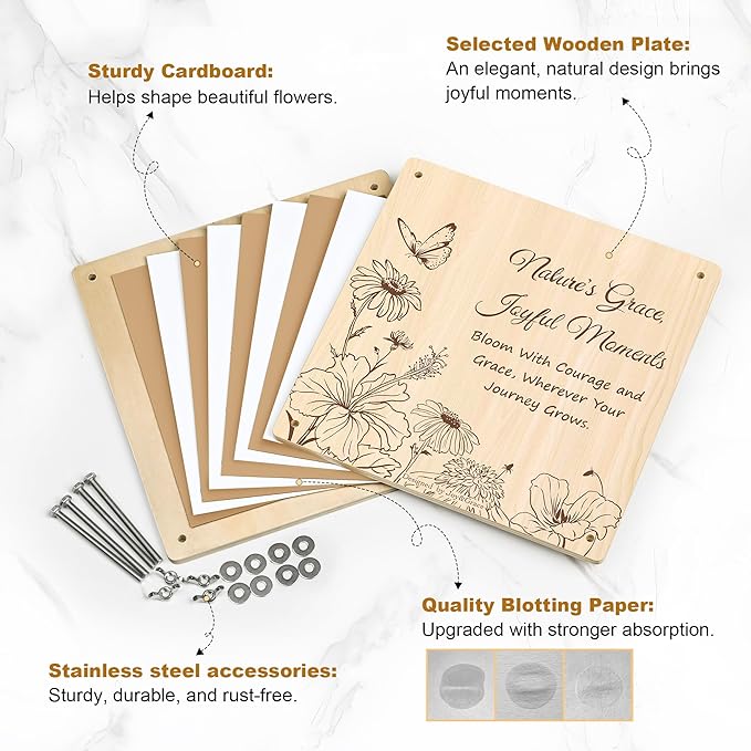 Joy&Grace Large Flower Press Kit for Adults & Kids with Designed Cover and DIY Album,10 Layers Plant Press and Plant Drying Toolkit, Flower Preservation Kit, 10.9" x 10.9" (Color Box, Natural Wood)