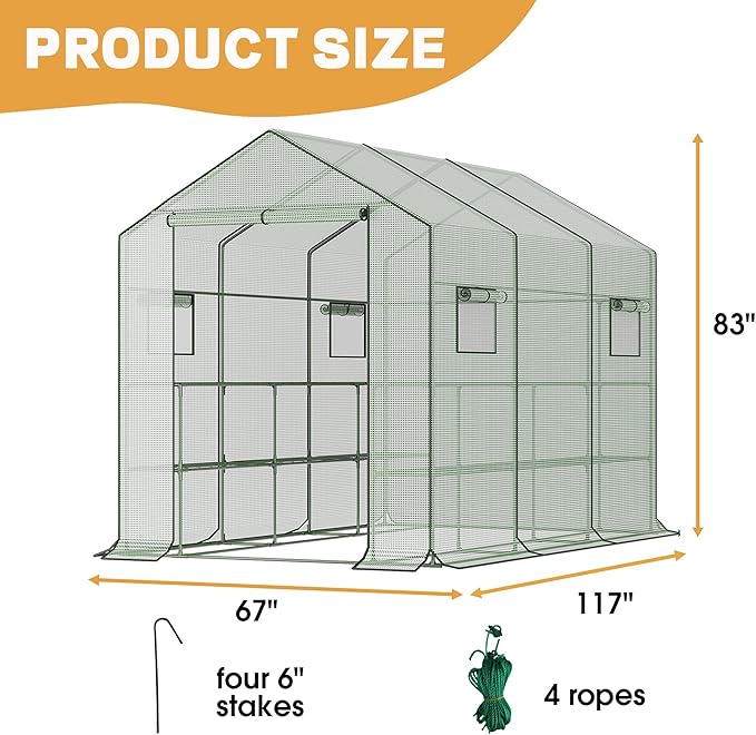 9.75 ft Big Walk in Greenhouse with Screen Windows & Roll-Up Zipper Door, 67 x 117 x 83'' Plant Green Houses for Outdoors, 3 Tiers 18 Shelves Stands Plastic Portable Heavy Duty Indoors Warm (Green)