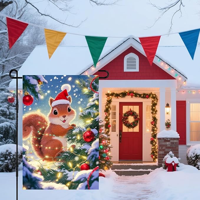 IVN Christmas Garden Flag 12x18 Inch Cute Squirrel in Santa Hat with Red Ball Ornaments and Snowy Tree Flag Double Sided Outdoor Yard Banner for Porch Lawn Patio Decor Holiday Winter