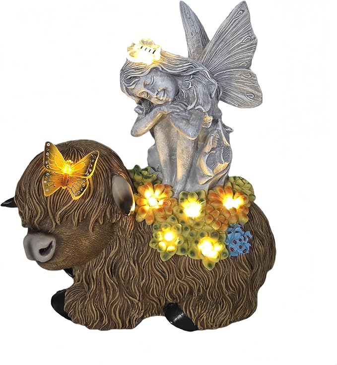 Angel Garden Decor Statue Solar Angel Sitting on Highland Cow Succulent Butterfly Bee LED Lights Outdoor Decorations for Yard Patio Housewarming Gift for Mom Women
