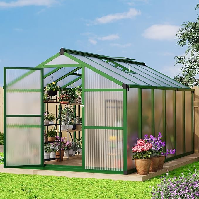 8x12 ft Greenhouse, Aluminum Frame & Polycarbonate Panel Greenhouse for Outdoors, Green House with Adjustable Roof Vent & Lockable Door, Durable Walk-in Green Houses for Backyard, Patio, Lawn