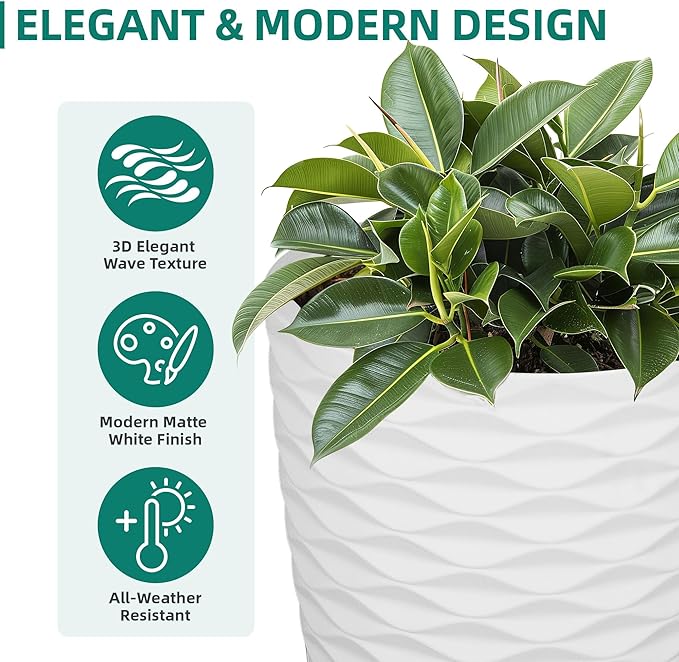 Ultym 19" H Coastal Planter for Indoor/Outdoor Plants, Set of 2 Large Flower Pot with Drainage Hole, Weather/UV Resistant Resin Planters for Garden Patio Porch Home Office Decor, Matte White Wavy