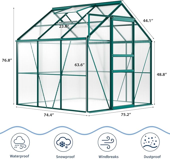 GarveeHome 6 x 6 FT Polycarbonate Greenhouse, Winter Greenhouses for Outdoors with Aluminum Frame, Sliding Door, Adjustable Roof Vent, Backyard Green Houses, Patio Garden, Green