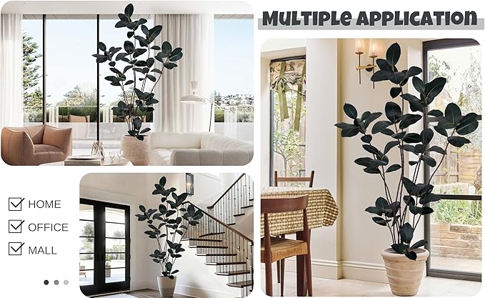 Artificial Rubber Tree 7FT with 68 Glossy Leaves & 10 Heads & Black Pot Cover with Coconut Fiber Realistic Tall Large Faux Tropical Ficus Elastica Plant 84 Inch for Indoor Home Modern Decor