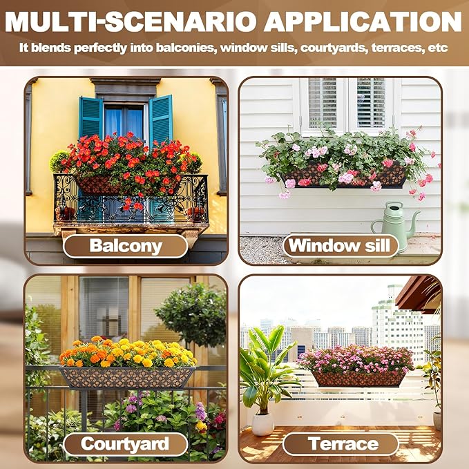 4 Pack 24 Inch Window Box Planters Outdoor,Deck Railing Planter Boxes with Coco Liner,Metal Hanging Window Flower Boxes for Balcony Fence Porch Garden Railing – Outdoor Window Flower Box