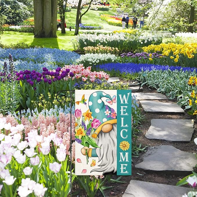 Welcome Spring Gnomes Garden Flag 12x18 Double Sided Vertical Outdoor Flag for Spring Summer Farmhouse Decoration Yard Lawn Garden Banner (Spring Garden Flag)