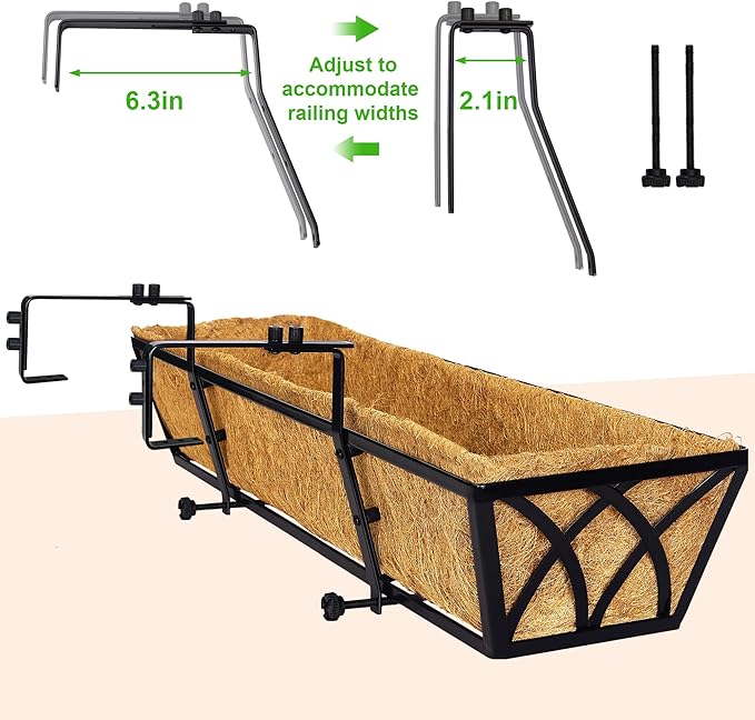 HFHOME 24 inch Window Deck Rail Planter with Coco Liner, 24" Dia Window Box Trough with Coconut Coir Liners, Black Metal Hanging Flower Planter Basket for Indoor Outdoor Lawn - Set of 4