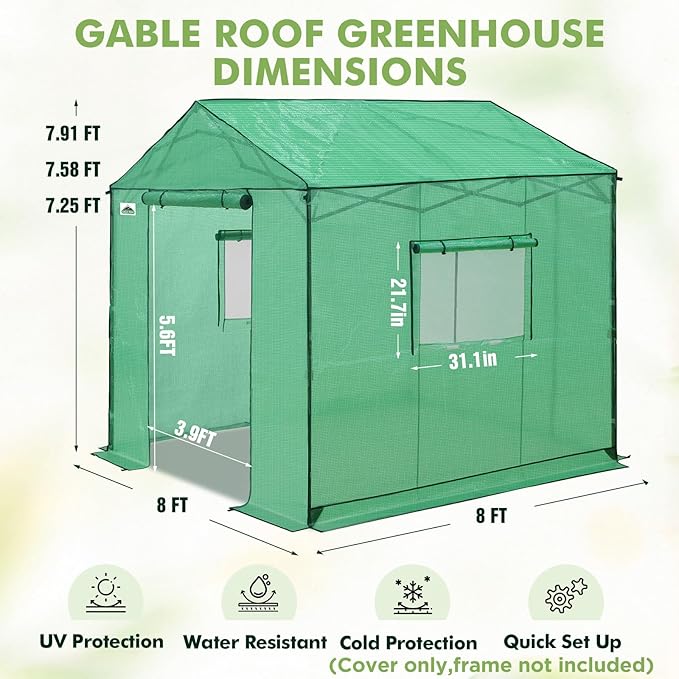 EAGLE PEAK Replacement Cover for 8x8 Gable Roof Pop up Greenhouse, Front and Rear Roll-Up Zipper Entry Doors and 2 Large Roll-Up Side Windows (Frame Not Included), Green