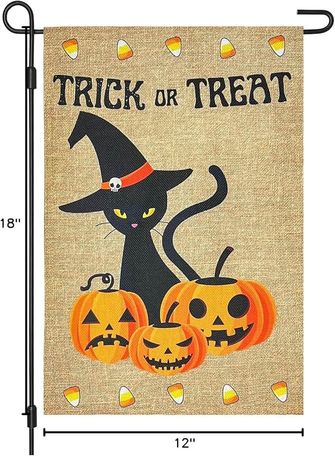 Halloween Trick Or Treat Black Cat and Pumpkins Burlap Garden Flag, Double Sided 12×18 Inch Halloween Jack-O-Lantern, Outside Small Yard Outdoor Flags Porch Lawn Yarde Decoration