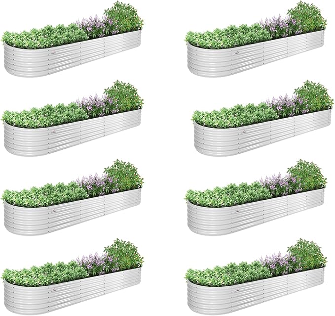 A ANLEOLIFE 8 Pcs 12X3X1.5 ft Oval Extra Large Galvanized Raised Garden Beds Outdoor for Planting Vegetables Flowers Herb, Antique White