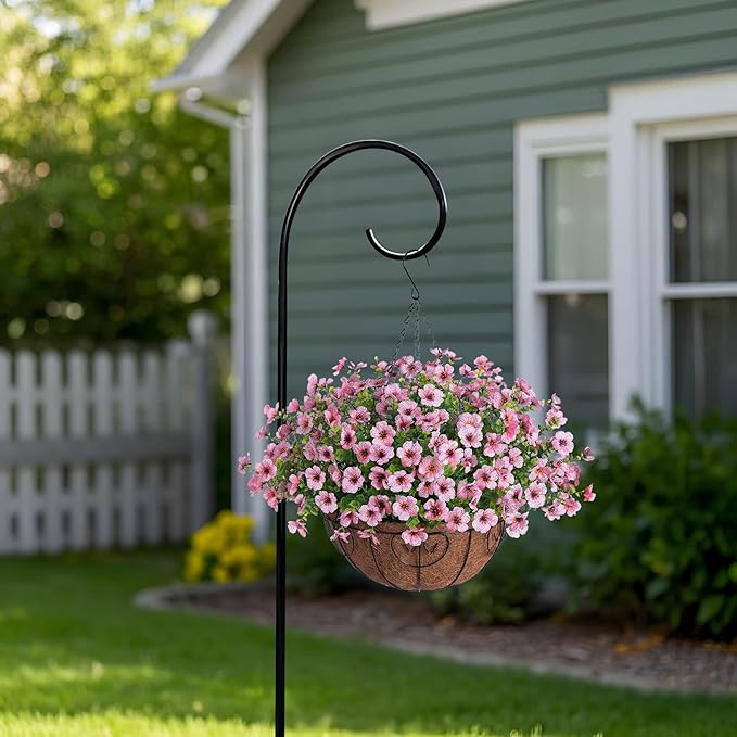 Artificial Flowers Hanging Basket for Outdoor Indoor Spring Summer Decor,Fake Silk Colorful Daisy Eucalyptus in 12" Metal Coconut Lining Flowerpot Arrangement for Home Patio Yard Decor(Pink)