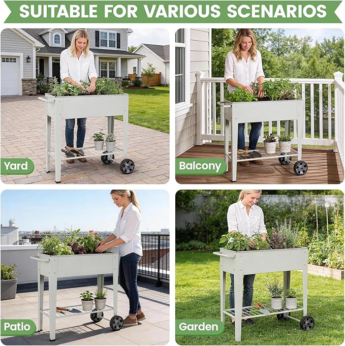 Elevated Raised Garden Bed with Legs- Galvanized Raised Beds for Gardening on Wheels, Anti-Rust Steel Planter Box with Storage Rack& Drain Hole for Backyard Patio Balcony (Grey)