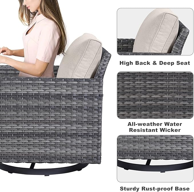 Belord Outdoor Bistro Set 3 Piece Wicker Swivel Rocker Patio Chairs, Oversize Outdoor Rattan Seating Set, Patio Swivel Glider Chairs Wicker Furniture with Metal Side Table for Porch Outside Backyard