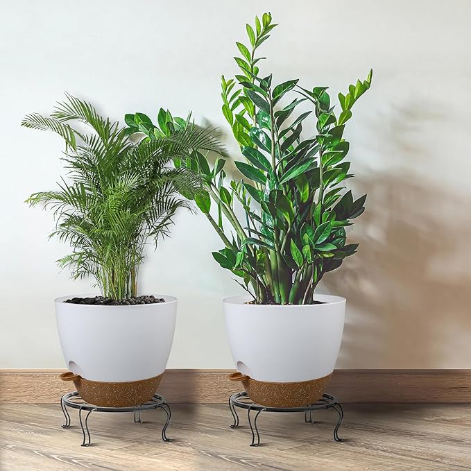 UOUZ 12inch 2Pack Large Self Watering Planters, Plastic Plant Pots with 60oZ Removable Deep Reservoir and Multi Mesh Drainage Holes for Indoor Outdoor Garden Plants and Flowers, White with Brown