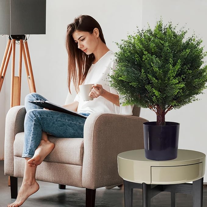 Artificial Cedar Tree - 2pcs Faux Shrub Plants, Hand Trimmed, UV Resistant, Low Maintenance, Suitable for Indoor and Outdoor Decoration (16.5 inches)