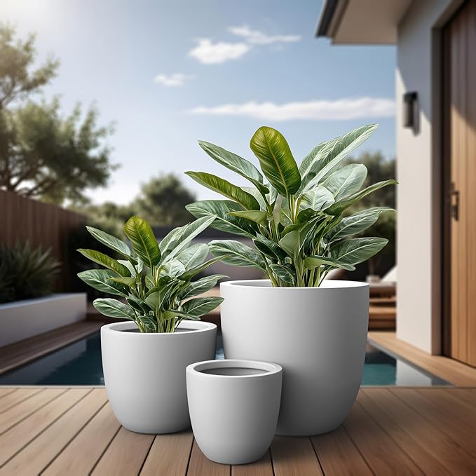 Kante Round Concrete Planter Set of 3, Large Outdoor Indoor Plant Pots with Drainage Hole, 10/14/18-Inch Diameter Flower Pots for Patio, Garden and Home, White