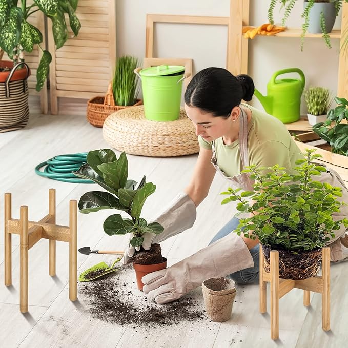 FJO 2Pcs Adjustable Plant Stand Indoor - Bamboo Plant Stands, Bamboo Mid Century Modern Plants Stands, Plant Holder for Living Room Fits 8 to 12 Inches Pots(Pot & Plant Not Included) (Natural)