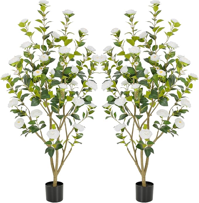 Nafresh 5FT Lush Artificial White Camellia Tree Outdoor 2 Pack, 60inch Faux Camellia Plant, Fake Camellia Flowers Tree for Indoor Outdoor Living Room Home Patio Front Door Garden Decor
