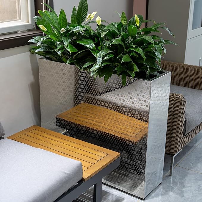 CYC Luxury Sliver 30"H x 34"W x 10"D Stainless Steel Rectangular Tall Large Planter Box with Mirror Etching No Coating for Indoor or Outdoor Patio/Porch, Modern Décor for Tall Plants, Trees, Flowers
