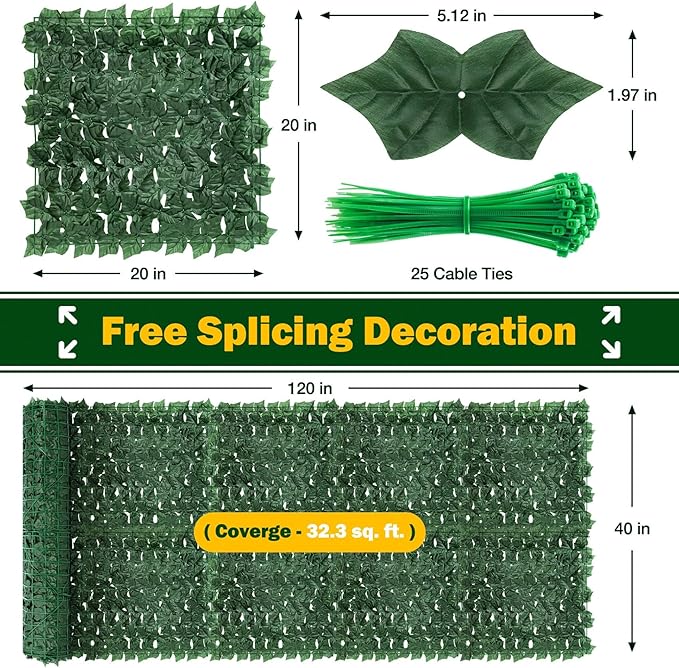 Artificial Ivy Privacy Fence Screen, 120x40 inch Dense Leaf Green Ivy Wall Panel, Super Privacy Greenery Backdrop Faux Ivy Greenery for Patio, Balcony, Garden, Backyard Indoor Outdoor Decor