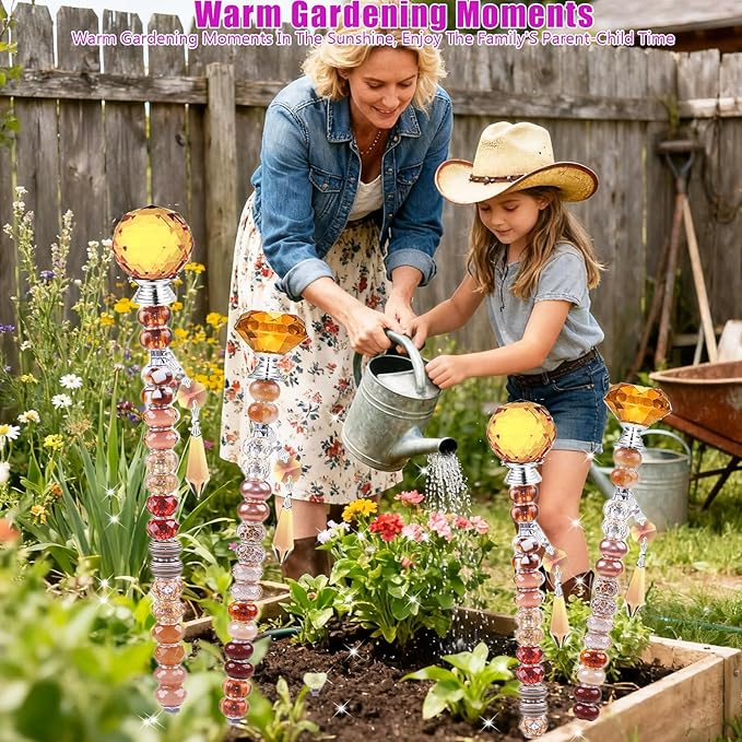 121 Pcs DIY Fairy Wand Beaded Garden Stakes Kit, Fairy Wands Garden Kit Champagne Large Hole Bead with Pendants Crystal Stopper Top Threaded Rod Beaded Garden Stakes Supplies For Outdoor Decorative