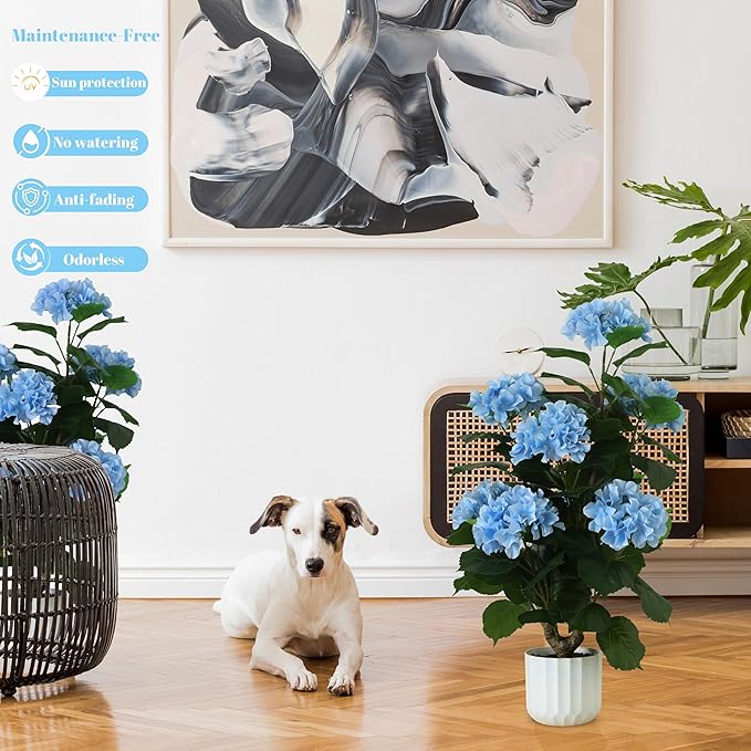 31inch Artificial Purple Hydrangea Flowers Potted Plant for Indoor & Outdoor Office Home Porch Decor, Realistic Tree with Long-Lasting Color (1, Blue)