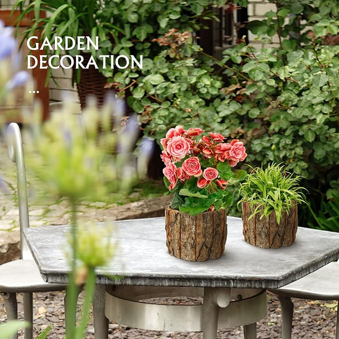 Yardwe 3 Pcs Wooden Flower Pots, Rustic Wood Bark Buckets, Barrels Planters for Garden and Home Decorations, 4.72 X 4.72 X 3.93 Inch