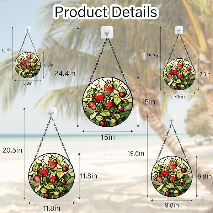 HWRHTR Stained Glass Window Hanging - Red Strawberry Suncatcher for Doors Window Home Green Plant Sun Catchers Decor Christmas Mother's Day Birthday Gifts for Teacher Women Men Mom Nana 11.8 in