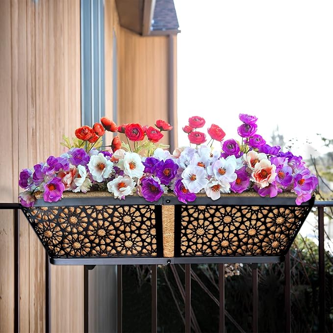 ZeeDix 24 Inch Metal Window Box for Railings, 2 Pack Over Railing Planter Boxes with Coco Liners, Hanging Flower Box Planters for Outdoor Fence Deck Porch Balcony & Patio
