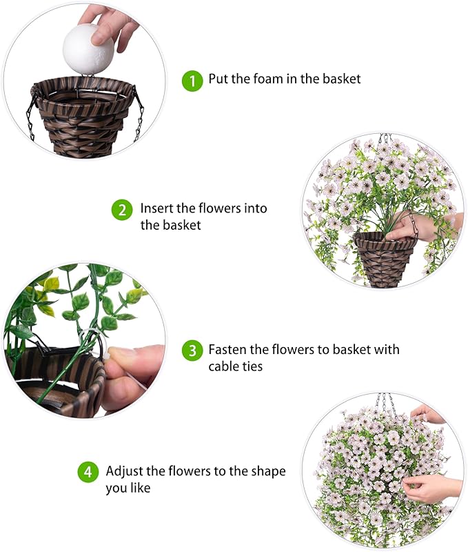 HyeFlora Artificial Hanging Flowers Basket for Outdoor, Fake Flowers Faux Plants Look Real for Yard Gardens Porch Patio Home (White)