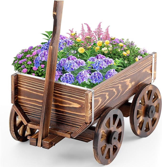 Wooden Wagon Flower Planter Cart Garden Planter Box with Wagon Wheels Cart for Home Garden Outdoor Balcony Decorative, Patio Flowers Herbs Vegetables, Brown 34 x 23.5(Small Classic)