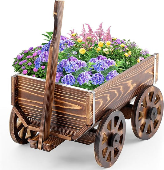 Wooden Wagon Flower Planter Cart Garden Planter Box with Wagon Wheels Cart for Home Garden Outdoor Balcony Decorative, Patio Flowers Herbs Vegetables, Brown 34 x 23.5(Small Classic)
