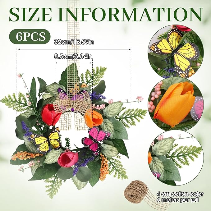 6 PCS Mini Spring Summer Kitchen Cabinet Wreaths Small Butterfly Tulip Lavender Eucalyptus for Front Door with Ribbon Berry Spring Floral Silk Flowers Wreath for Porch Wall Window Farmhouse Decor