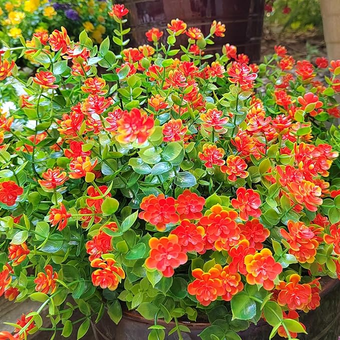 Grunyia 12 Bundles Artificial Flowers for Outdoors, UV Resistant Fake Flowers with Plastic Plants, Faux Flowers for Outside Window Box Front Porch Hanging Planter Decor(Orange Red)