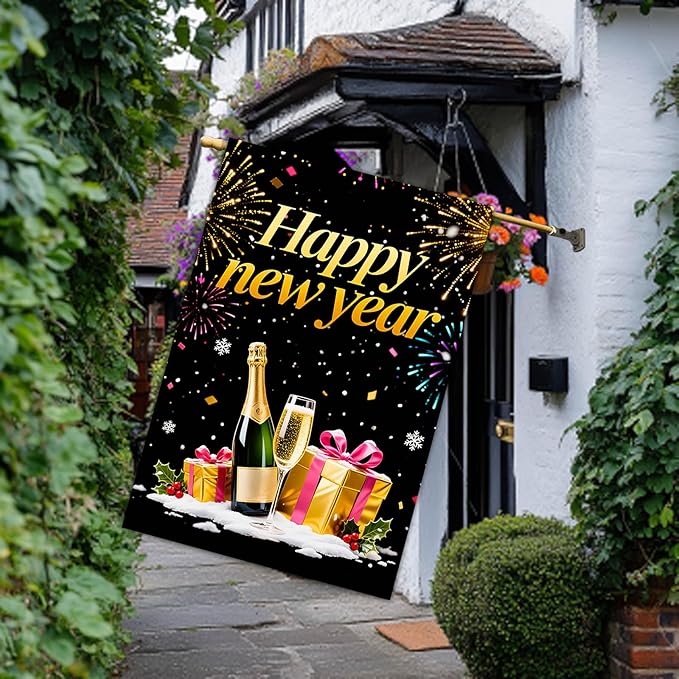 Happy New Year House Flag 28x40 Inch Champagne Bottle Gift Boxes and Fireworks Garden Flag Black Gold Holiday Outdoor Yard Decoration Celebration Banner for Home Porch Lawn
