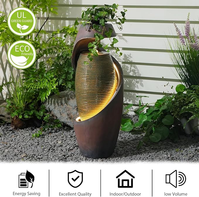 Modern Outdoor Freestanding Water Fountain with LED Lights, Resin Garden Water Feature with Planter Top for Patio, Yard & Porch, 29.5"H Sculptural Oval Waterfall Fountain Indoor Decor, Realaxing Sound