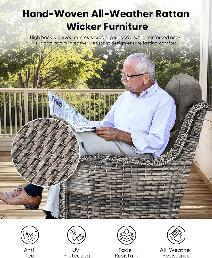HUMMUH 9 Pieces Wicker Outdoor Furniture Set 6-inch Cushions High Back Patio Sofa Swivel Rocker Chairs Set of 2 with Coffee Table for Porch,Deck,Backyard