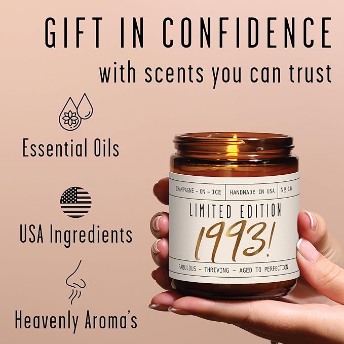 33rd Birthday Gifts for Women - 'Limited Edition 1993' Soy Candle, w/Champagne on Ice I 33 Birthday Gift for Her Ideas I 9oz Reusable Jar, 50Hr Burn, Made in USA