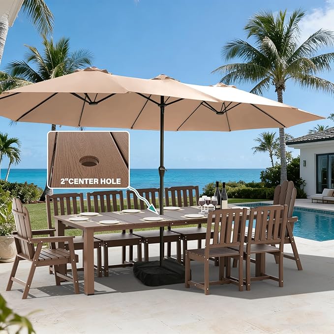 11-Piece Patio Dining Set, Outdoor Dining Set for 10, HDPE All-Weather Outdoor Furniture with 89.57” Umbrella Hole Table, 2 Armchairs & 8 Armless Chairs, Brown