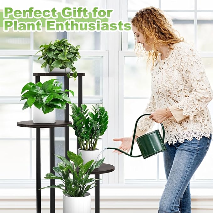 YOCOMEY 5 Tier Wood Tall Plant Stand Metal Rack Indoor, Multiple Flower Pot Holder Shelves Corner Rack, Round Planter Shelf Display Rack Storage Organizer for Patio Living Room Balcony(Black Oak)