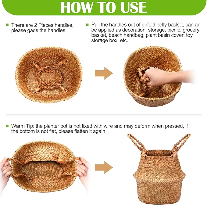 Qunclay 4 Pcs Woven Seagrass Baskets Belly Basket Folding Boho Natural Plant Pot with Handles Round Decorative Wicker Large Indoor Planter for Home Outdoor Tree Planters Decor (S,8.7''dx7.9''h)